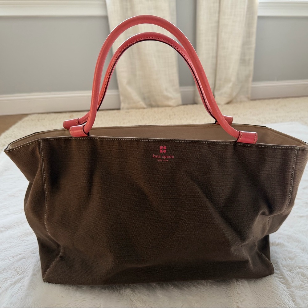Kate Spade Chocolate Brown Tote with Coral Handles